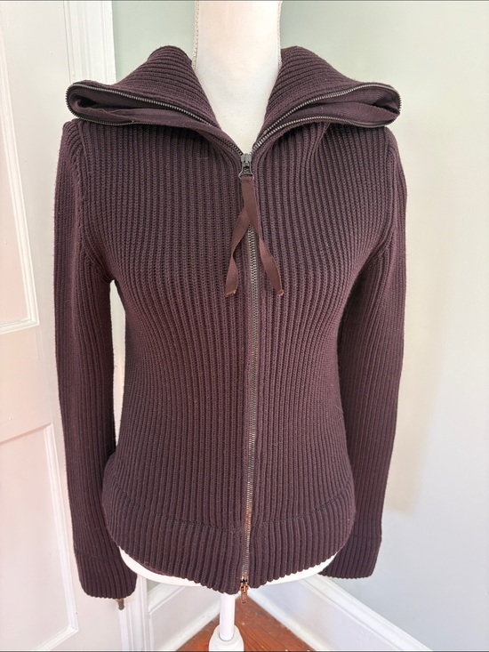 Patrizia Pepe Sweaters - Patrizia Pepe Ribbed Zip-Up Hoodie Sweater - Deep Plum Purple Small Wool & Silk